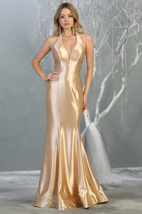Champagne Satin Metallic V-Neck Long Dress