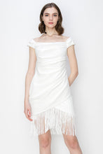 White Fringe Bateau Neck Stretch Mini Dress