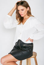 Off White V Neck Ruffled Shoulder Button Trim Blouse