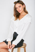 Off White V Neck Ruffled Shoulder Button Trim Blouse