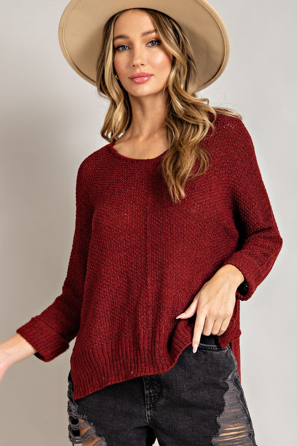 Wine Crew Neck Knit Sweater