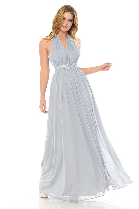 Silver Halter Ruched Embellished Kakao Long Formal Dress