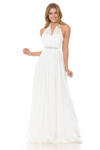 Ivory Halter Ruched Embellished Kakao Long Formal Dress