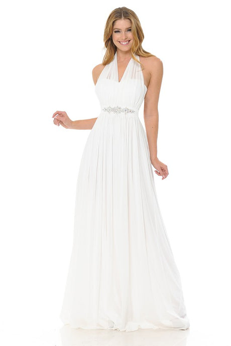 Ivory Halter Ruched Embellished Kakao Long Formal Dress