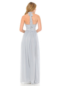Silver Halter Ruched Embellished Kakao Long Formal Dress