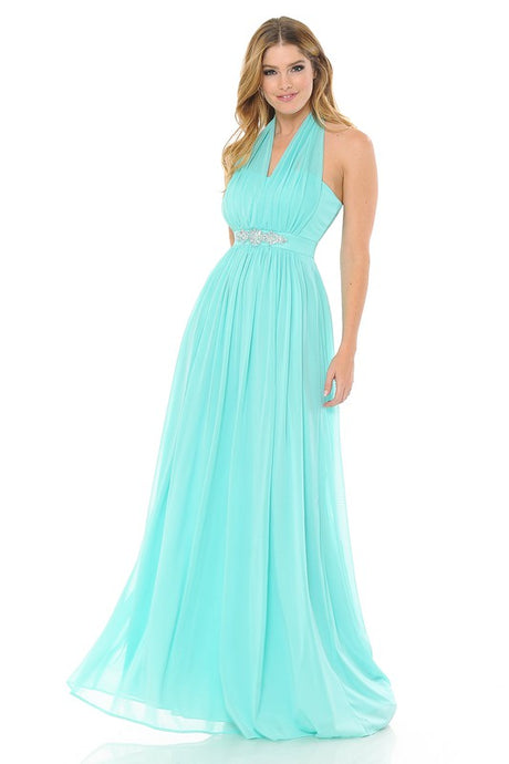 Mint Halter Ruched Embellished Kakao Long Formal Dress