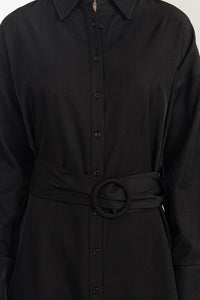 Black Easy Win Button-Up Belted Shirt Dress
