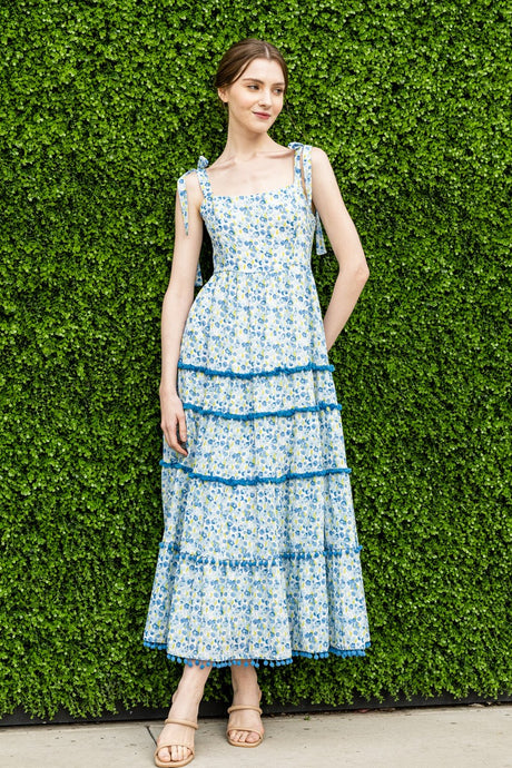 Blue Multi Self Tie shoulder Floral Print Tiered Midi Dress