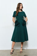 Emerald Elegant Rose Applique A-line Midi Dress