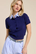 Navy Striped Collar Short Sleeve Knit Top