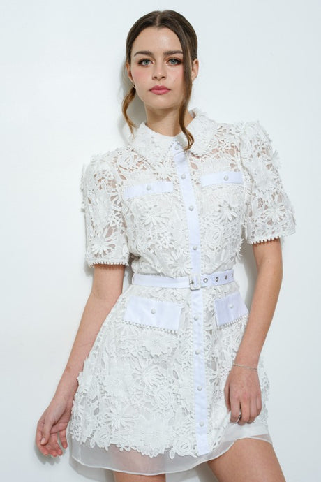 White Short Puff Sleeve Floral Lace Belted Mini Dress