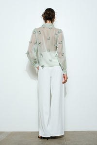 Sage Sheer Embroidered Butterfly Bow Tie Blouse