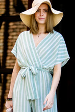 Sage Stripes Surplice With Belt Jumpsuit
