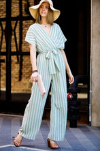 Sage Stripes Surplice With Belt Jumpsuit