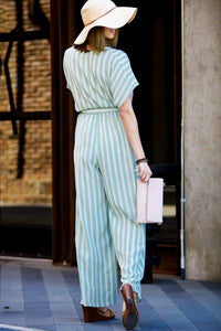 Sage Stripes Surplice With Belt Jumpsuit