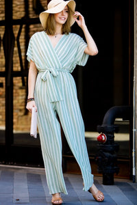 Sage Stripes Surplice With Belt Jumpsuit