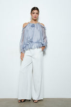 Dusty Blue Off-Shoulder Pearl Accent Organza Ruffle Blouse