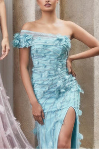 Cerulean Blue Crystal Leaves Asymmetrical Gown