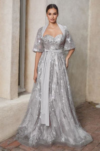 Silver Shimmer Leaf Motif Ball Gown With Matching Shawl