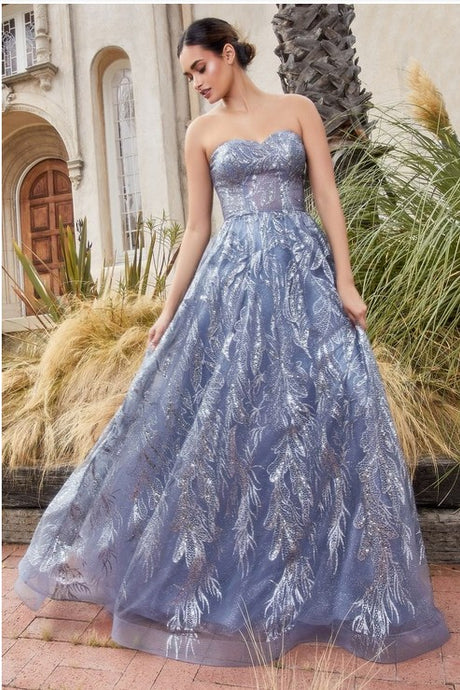 Smoky Blue Shimmer Leaf Motif Ball Gown With Matching Shawl