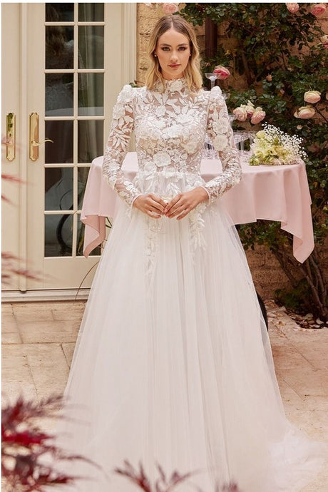 Off White Long Sleeve Lace Wedding Ball Gown