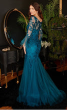 Peacock Mermaid Gown With Bell Sleeves