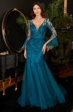 Peacock Mermaid Gown With Bell Sleeves