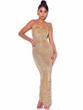 Gold The Glint Gold Ruched Chiffon Long Maxi Dress