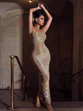 Gold The Glint Gold Ruched Chiffon Long Maxi Dress