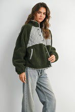 Olive Multi Quilted Plaid Sherpa Fleece Snap Jacket