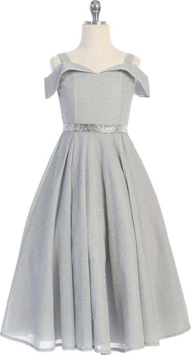 Silver Girls's Off The Shoulder Metallic Fabric Dress