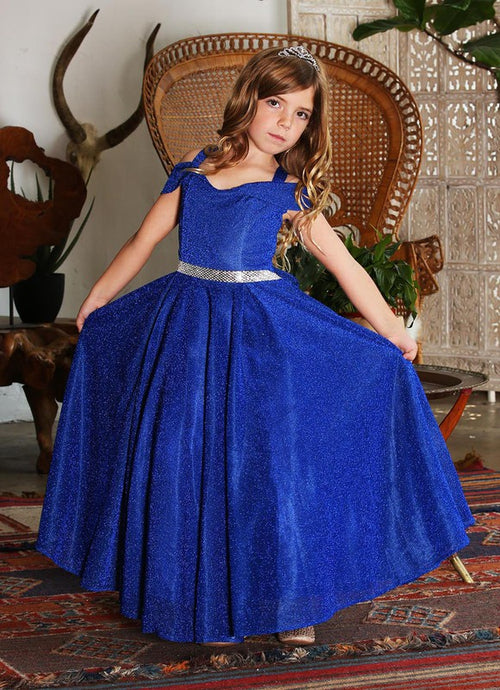 Royal Blue Girls's Off The Shoulder Metallic Fabric Dress