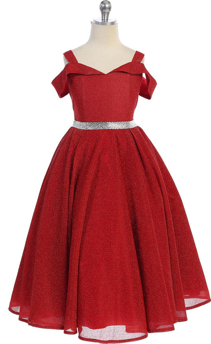 Red Girls's Off The Shoulder Metallic Fabric Dress