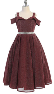 Burgundy Girls's Off The Shoulder Metallic Fabric Dress
