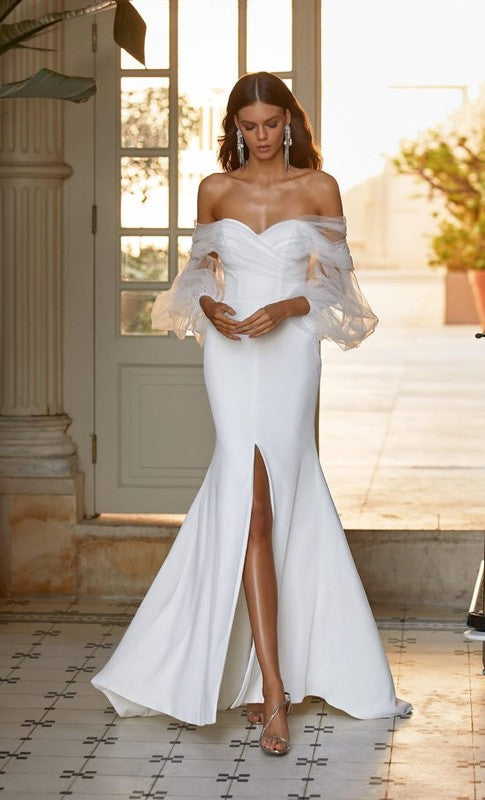 Off White Strapless Wedding Dress Tulle Sleeve Mermaid Wedding Evening Dress