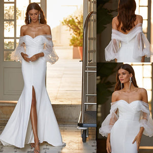 Off White Strapless Wedding Dress Tulle Sleeve Mermaid Wedding Evening Dress