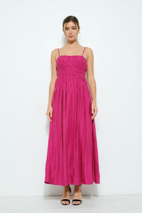 Fuchsia Satin Ruched Detailing Sleeveless Maxi Dress