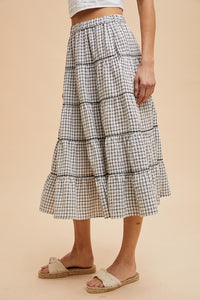 Off White Embroidered Tartan Elastic Midi Skirt