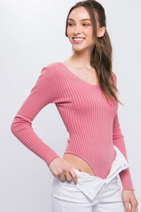 Pink V Neckline Yarn Long Sleeve Body Suit