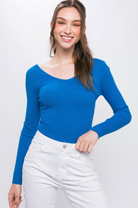 Blue V Neckline Yarn Long Sleeve Body Suit