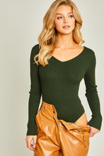 Green V Neckline Yarn Long Sleeve Body Suit