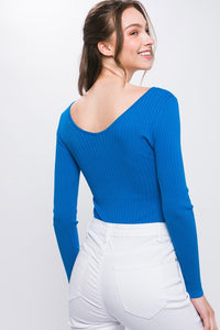 Blue V Neckline Yarn Long Sleeve Body Suit