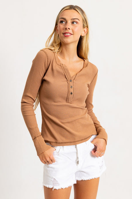 Taupe Acid Washed Half Placket Ribbed Knit Top