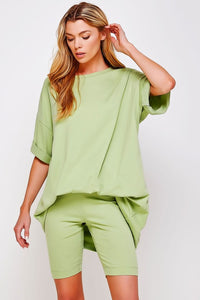 Foam Green Knit Oversize Tee Shirt An Shorts Casual Biker Set