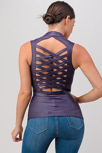 Purple Pleather Sleeveless Zip Up Top With Cross Cut