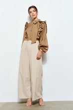 Mocha Soft Wool Blouse With Bow Tie & Pearl Buttons