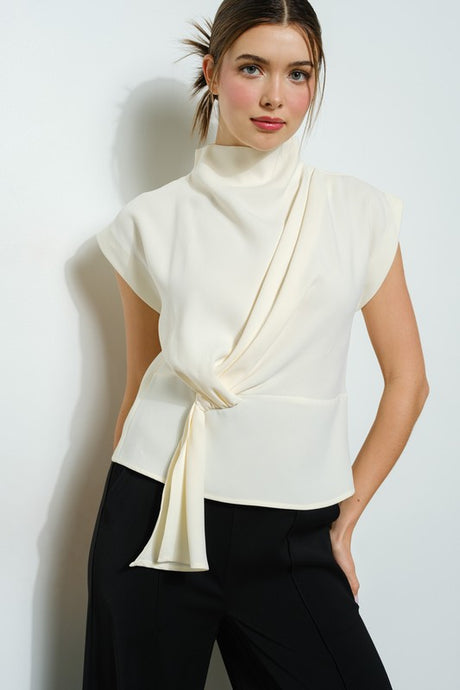 Ivory Draped High-neck Cap Sleeve Top
