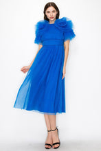 Royal Blue Tulle Pleated Floral Short Sleeve Midi Dress
