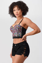 Black/Pink Multi-Colored Stone Crop Bustier Top