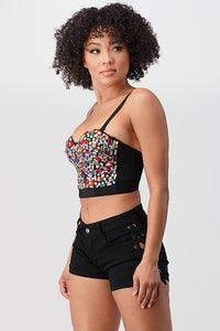 Black/Pink Multi-Colored Stone Crop Bustier Top